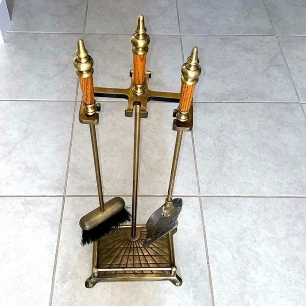 Gorgeous Vintage 3-Piece FIREPLACE TOOL Set Shovel, Base, and Brush